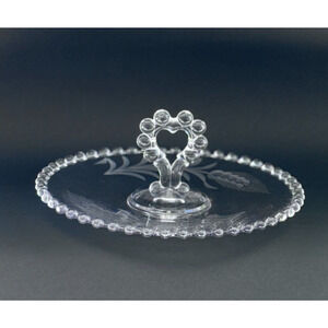 Imperial Glass Candlewick Heart Handle Tidbit Tray Etched Wheat Beaded Edge 8.5”